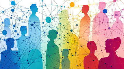 Silhouettes of diverse individuals connected by colorful networks, symbolizing collaboration and communication.