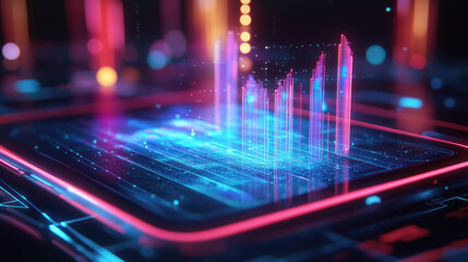 Obraz premium Abstract colorful data visualization with glowing bars in a digital environment.