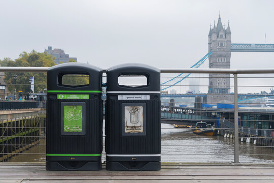 Recycling bins with Tower Bridge in the background