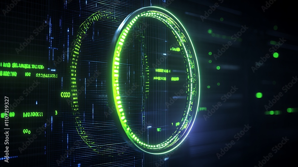 Poster futuristic digital interface with glowing green circle and data streams on a dark background in tech