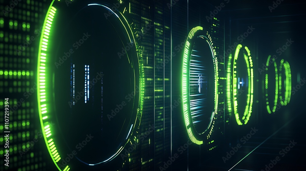 Poster futuristic digital interface with glowing green circular patterns and data visualizations in a dark 