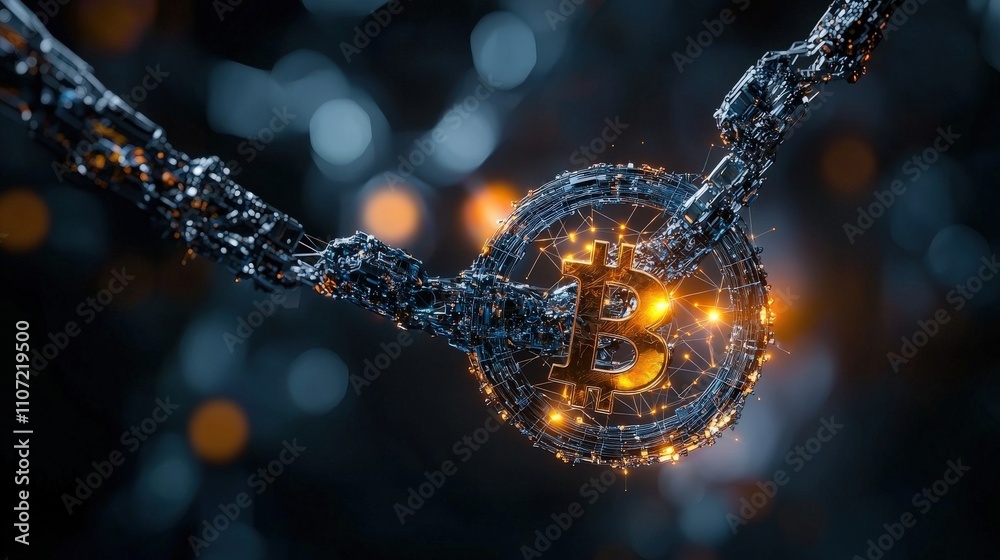 Fototapete Dynamic bitcoin blockchain visualization abstract graphic art in a futuristic digital space environment