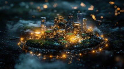 Sustainable urban development glowing cityscape nighttime modern architecture aerial view eco-friendly concept