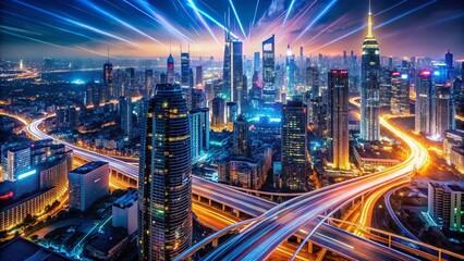Fototapeta premium Vibrant Macro Photography of Futuristic City Lights with Digital Data Streams Illuminating a Night Sky, Showcasing Advanced Technology and Urban Innovation