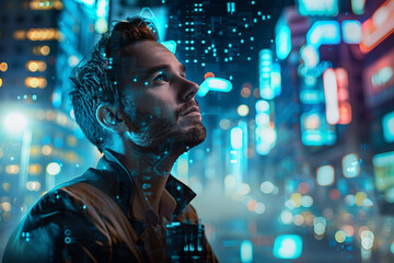 Fototapeta premium Generative AI Portrait of a Time Traveler Exploring Futuristic Megapolis big city