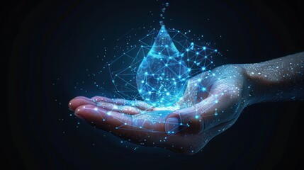 A digital hand holding a glowing water droplet, symbolizing innovation and technology.