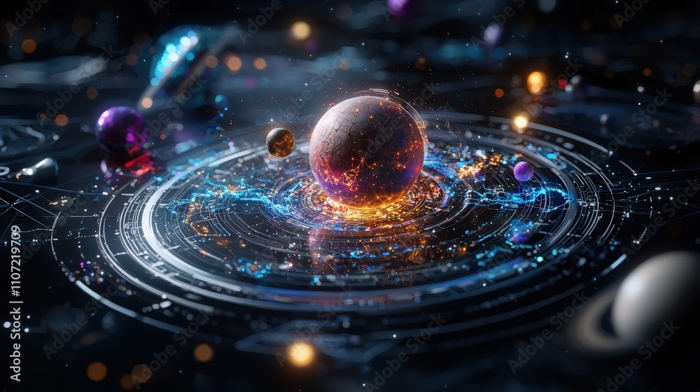 Fototapete exploring a glowing digital map of the solar system cosmic journey visualization galactic environmen