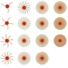 赤と金の幾何学シンボル・円から弧の線3本から70線15種類