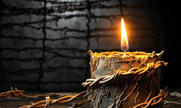 Intriguing candlelight flickers amidst tangled barbed wire in a darkened space