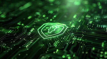 Abstract digital design featuring a glowing shield symbol on a circuit board background.