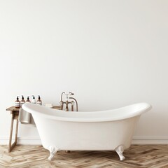 White clawfoot bathtub with copper faucet and wooden shelf in a white bathroom with hardwood floors