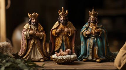 Fototapeta premium Three ornate kings stand proudly by the nativity, showcasing intricate details in festive colors.