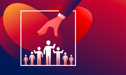 Hand choosing selected person from group of people, red gradients