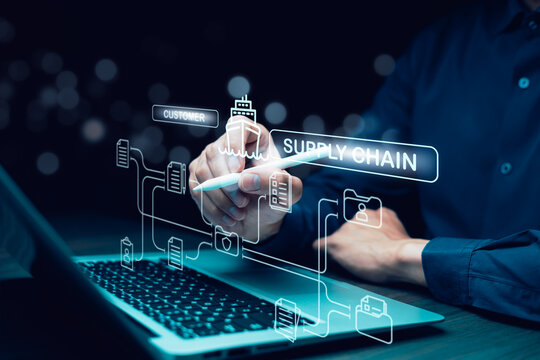 Supply Chain Management concept transportation and logistic suppliers, import export and transport industry. network distribution growth. container cargo ship and trucks of industrial cargo freight