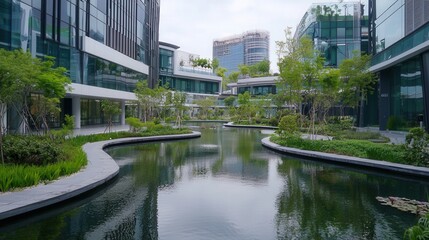 Fototapeta premium Wellness in urban landscapes modern green buildings and nature-inspired architecture in aerial views
