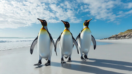 Fototapeta premium Three majestic emperor penguins walking along a pristine beach under a bright blue sky.