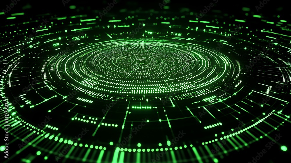 Poster futuristic green abstract design with circular patterns and glowing lines on dark background for tec