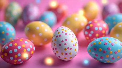 Fototapeta premium Colorful Polka Dot Easter Eggs on Pink Background