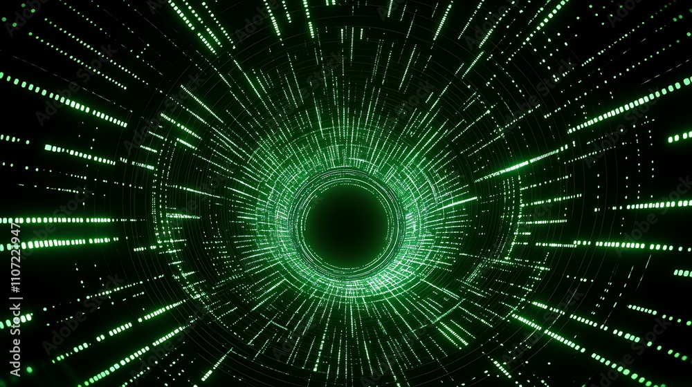 Poster futuristic green abstract tunnel with digital lines and particles pulsating in a geometric pattern
