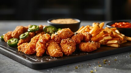 Fototapeta premium Spicy Fried Chicken Snacks on Serving Board