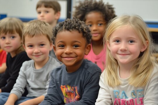 Diverse Group of Young Children Sitting Together in Colorful Classroom Setting