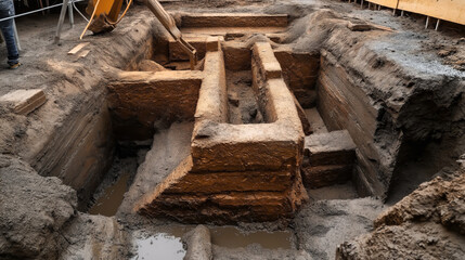 Fototapeta premium Archaeological excavation site with trenches and exposed foundations, showing historical ruins and stratified earth layers.
