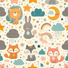 Seamless pattern with cute animals moons stars and clouds.