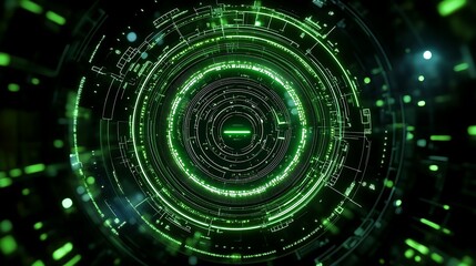 Fototapeta premium Futuristic Green Circular Digital Interface with Glowing Patterns and Data Stream Elements