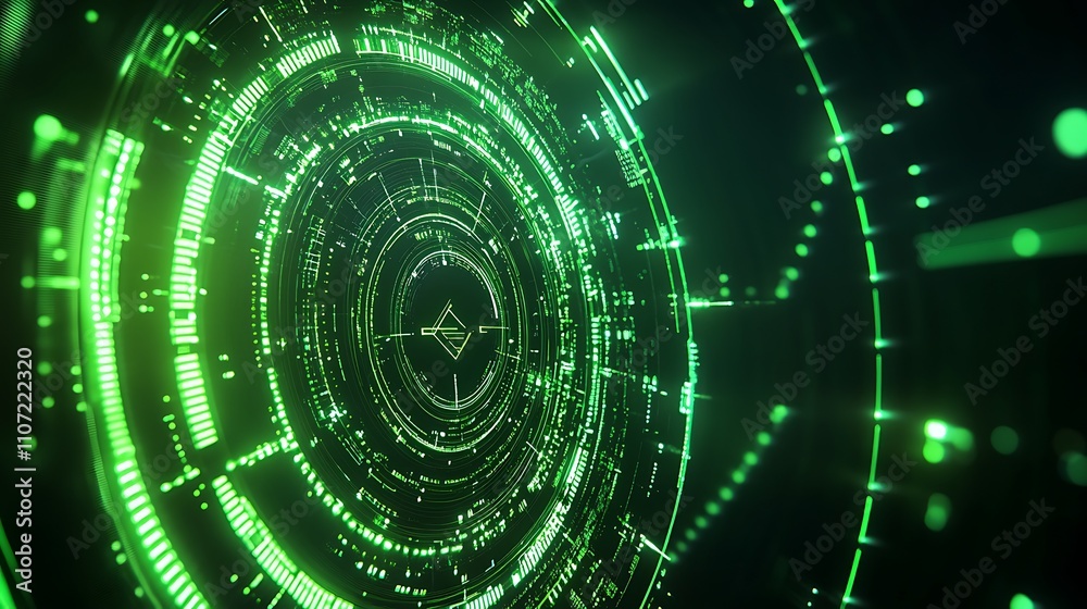 Poster futuristic green circular tech interface with radiating lines and digital patterns in a dark backgro
