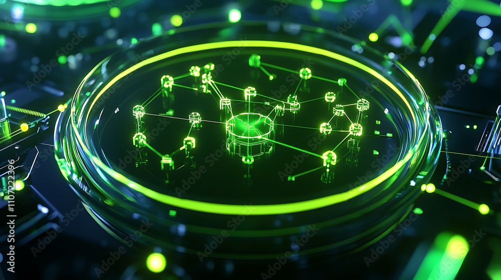 Poster futuristic green data network visualization in a digital environment with neon circuits and nodes