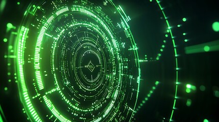 Fototapeta premium Futuristic Green Circular Tech Interface with Radiating Lines and Digital Patterns in a Dark Background