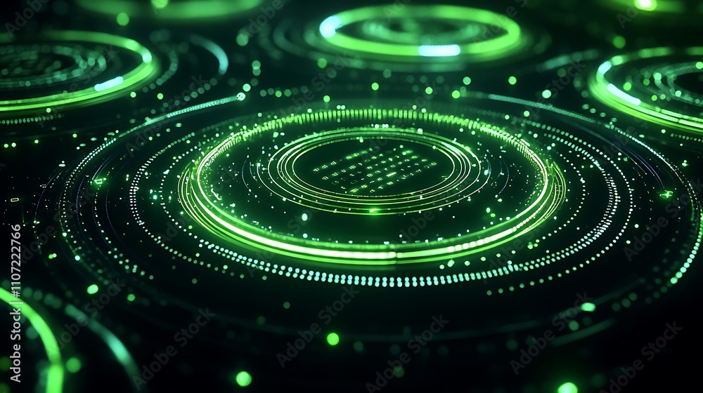 Poster futuristic green digital technology circuits with glowing effects and abstract data patterns