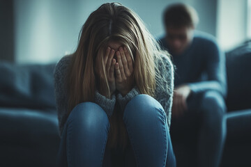 Woman in tears, sadness, hides face and shrinks on couch, while her distressed husband sits at other end. Family toxic bonds, disputes and mutual disregard in relationship lead to divorce