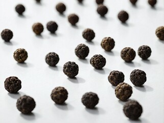 Obraz premium Closed-Up of black peppercorns scatter on a matte white surface.