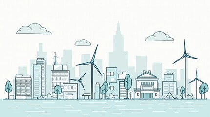 Fototapeta premium Cityscape with Wind Turbines Line Art