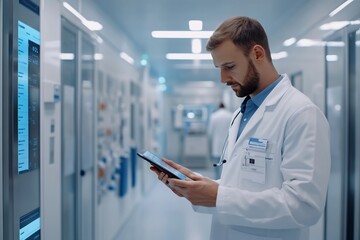 Healthcare Professional Examining Data on Tablet in Modern Medical Facility