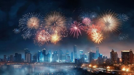 Fototapeta premium Vibrant colors illuminate the city during New Year celebrations.