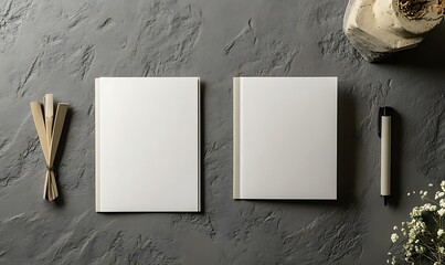 Blank Notebooks Mockup On Textured Grey Background