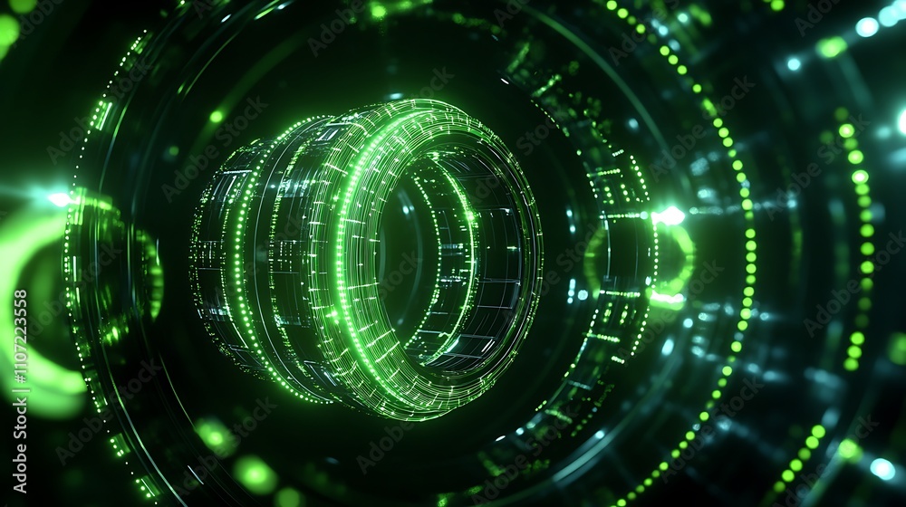 Poster futuristic green technology background with circular patterns and digital lines in a dark environmen