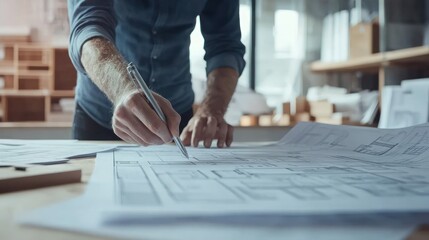 An architect explaining project plans to clients, with blueprints and digital designs on display