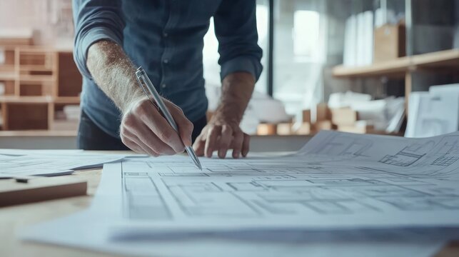 An architect explaining project plans to clients, with blueprints and digital designs on display