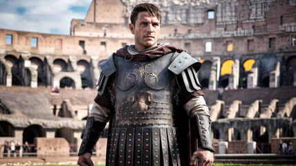 Ancient Roman gladiator standing in the arena of the Colosseum, exuding a powerful and imposing presence in traditional armor, set against iconic Roman architecture, creating a historic and cinematic 