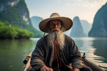 Obraz premium An older man sailor is seated in a boat generative AI illustration