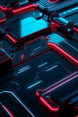 Naklejka premium Futuristic Neon Circuitry with Blue and Red Glow on Glossy Surface in Abstract Technology Background