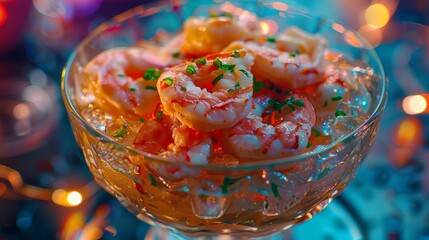 Close-up of a fresh shrimp served in an elegant glass bowl, perfect for fine dining and culinary presentations.