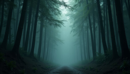 Obraz premium Mysterious foggy forest path shrouded in mist and deep shadows