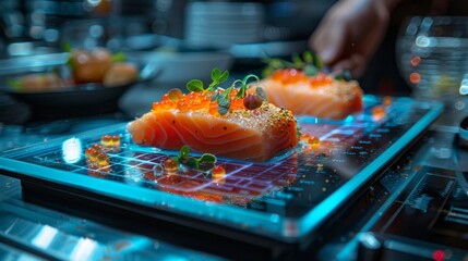 Close-up of gourmet salmon sashimi served on a futuristic LED plate, garnished with microgreens and roe, in a modern restaurant.