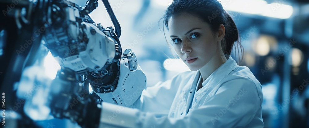 Poster A woman in a lab coat working with a robotic arm in a tech environment.