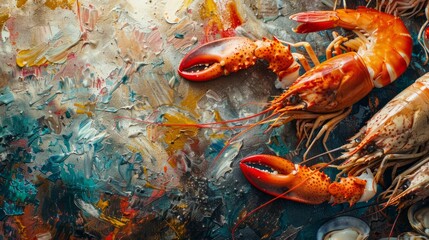 Seafood arrangement featuring lobster and shrimp on a textured, abstract background.