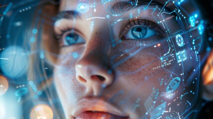 Close-up of a woman face with a digital interface overlay, representing advanced technology, innovation about skincare and beauty of facial and smooth with scanning skin, treatment with futuristic.